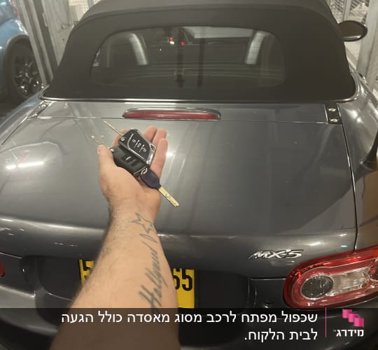 יד מחזיקה מפתחות רכב מעל מכונית אפורה